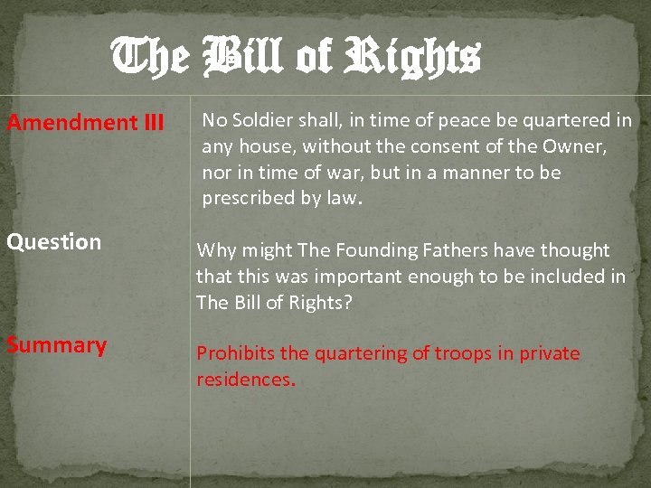 The Bill of Rights Amendment III Question Summary No Soldier shall, in time of