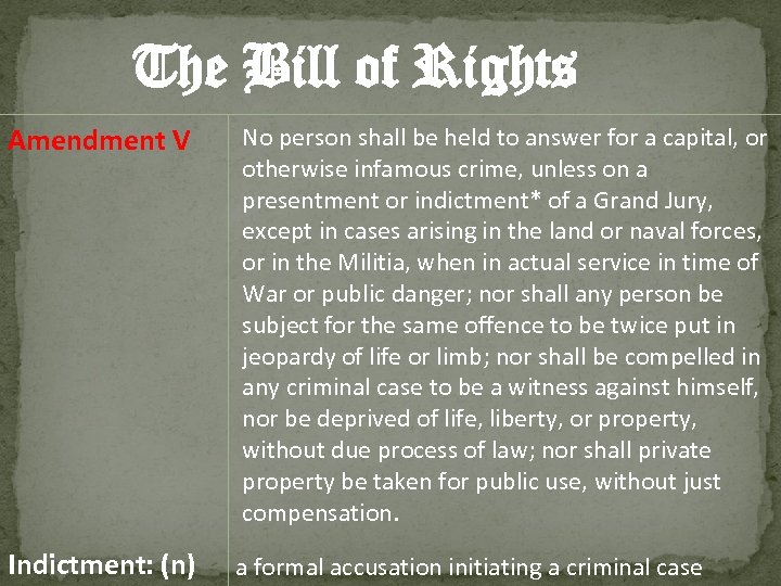 The Bill of Rights Amendment V No person shall be held to answer for