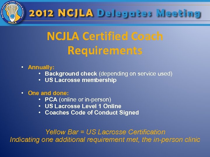 NCJLA Certified Coach Requirements • Annually: • Background check (depending on service used) •