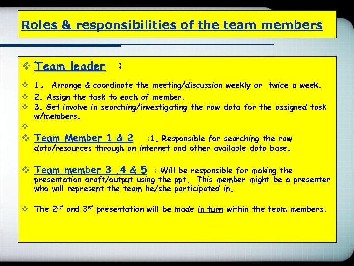 Roles & responsibilities of the team members 貿 易 決 濟 v Team leader