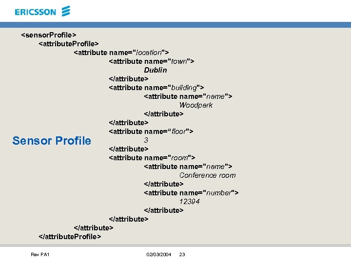 <sensor. Profile> <attribute name="location"> <attribute name="town"> Dublin </attribute> <attribute name="building"> <attribute name="name"> Woodpark </attribute>