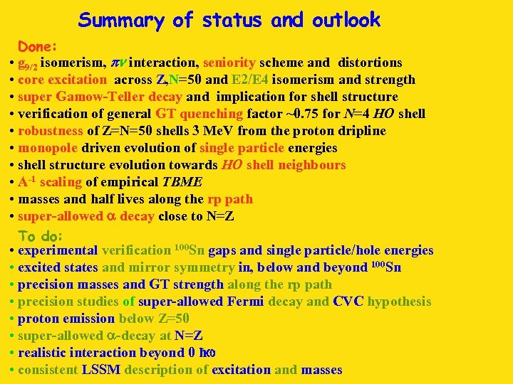 Summary of status and outlook Done: • g 9/2 isomerism, pn interaction, seniority scheme