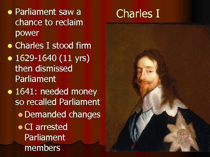 Parliament saw a chance to reclaim power l Charles I stood firm l 1629