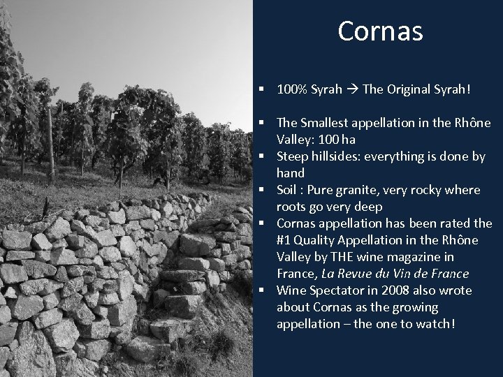 Cornas § 100% Syrah The Original Syrah! § The Smallest appellation in the Rhône