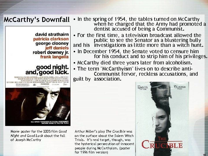 Mc. Carthy’s Downfall Movie poster for the 2005 film Good Night and Good Luck