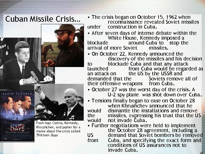 Cuban Missile Crisis… From top: Castro, Kennedy, Khrushchev, and poster for a movie about