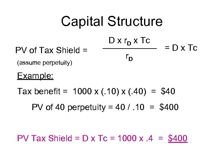 Capital Structure PV of Tax Shield = (assume perpetuity) D x r. D x