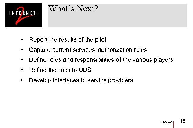What’s Next? • Report the results of the pilot • Capture current services’ authorization