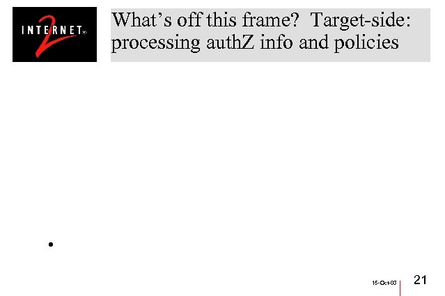 What’s off this frame? Target-side: processing auth. Z info and policies • 15 -Oct-03