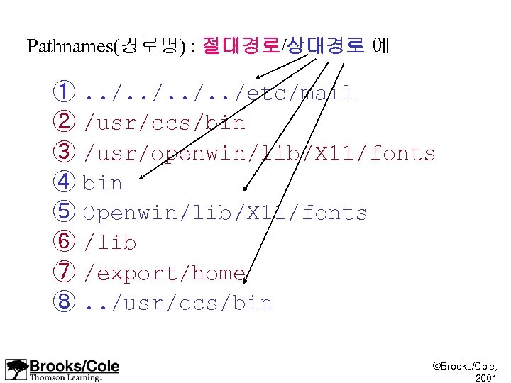 Pathnames(경로명) : 절대경로/상대경로 예 ①. . /etc/mail ② /usr/ccs/bin ③ /usr/openwin/lib/X 11/fonts ④ bin