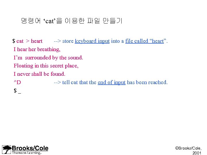 명령어 ‘cat’을 이용한 파일 만들기 $ cat > heart --> store keyboard input into