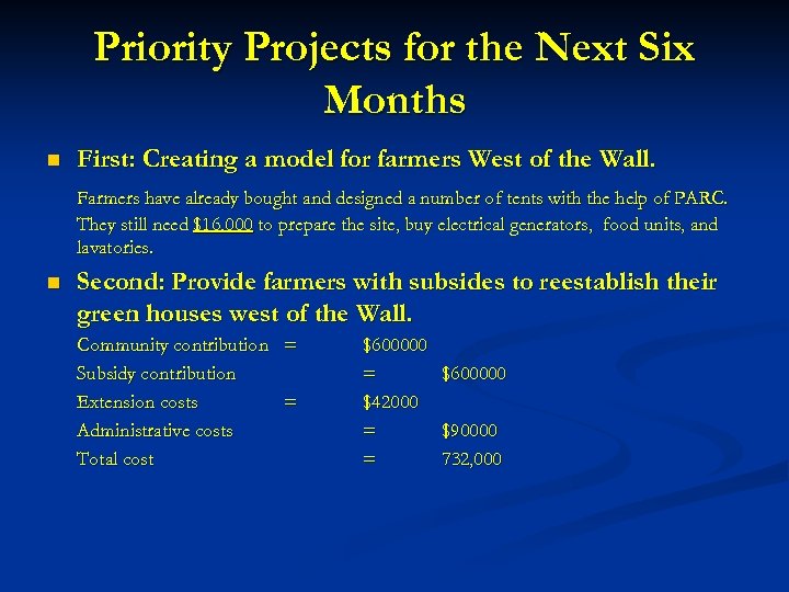 Priority Projects for the Next Six Months n First: Creating a model for farmers