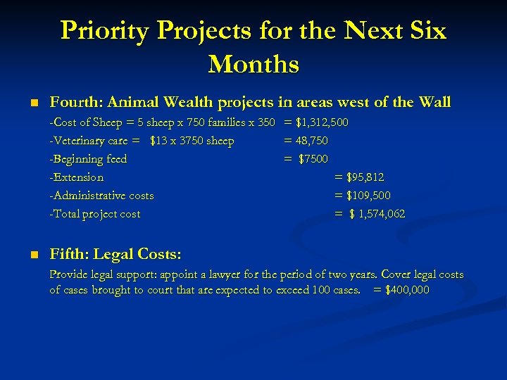 Priority Projects for the Next Six Months n Fourth: Animal Wealth projects in areas