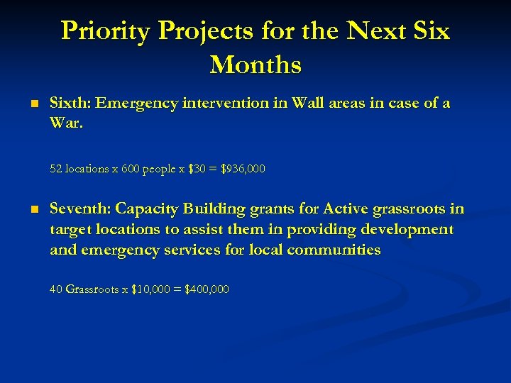 Priority Projects for the Next Six Months n Sixth: Emergency intervention in Wall areas