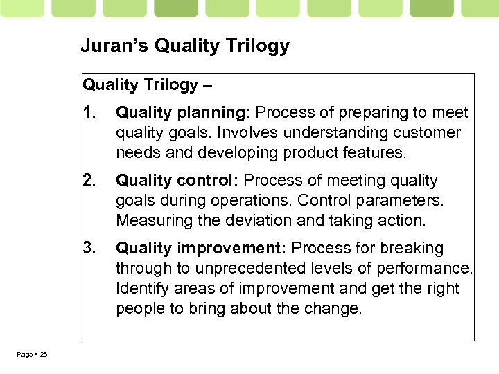 Juran’s Quality Trilogy – 1. 2. Quality control: Process of meeting quality goals during