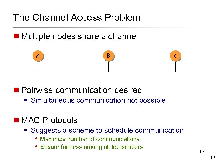 The Channel Access Problem n Multiple nodes share a channel A B C n