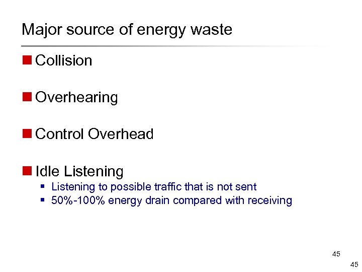 Major source of energy waste n Collision n Overhearing n Control Overhead n Idle