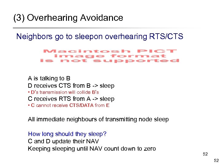 (3) Overhearing Avoidance Neighbors go to sleepon overhearing RTS/CTS A is talking to B