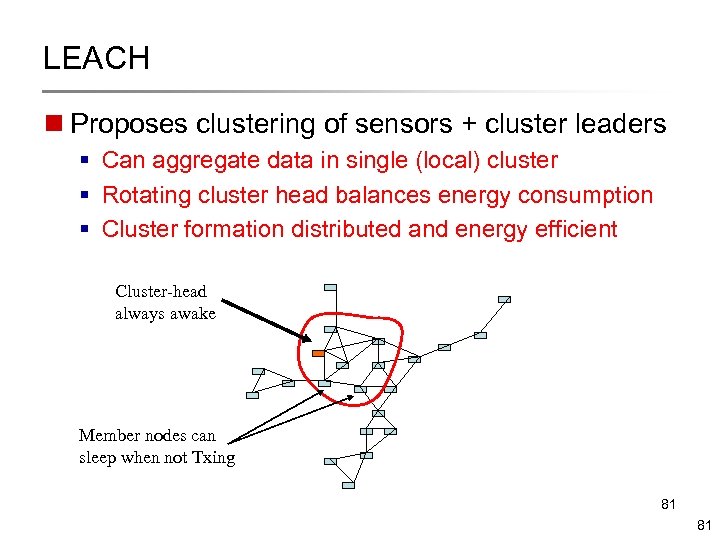 LEACH n Proposes clustering of sensors + cluster leaders § Can aggregate data in