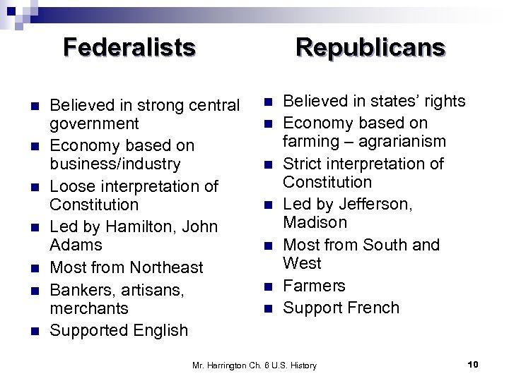 Federalists n n n n Believed in strong central government Economy based on business/industry