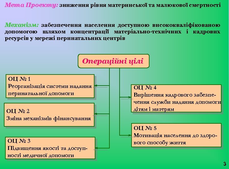 Мета Проекту: зниження рівня материнської та малюкової смертності Механізм: забезпечення населення доступною висококваліфікованою допомогою