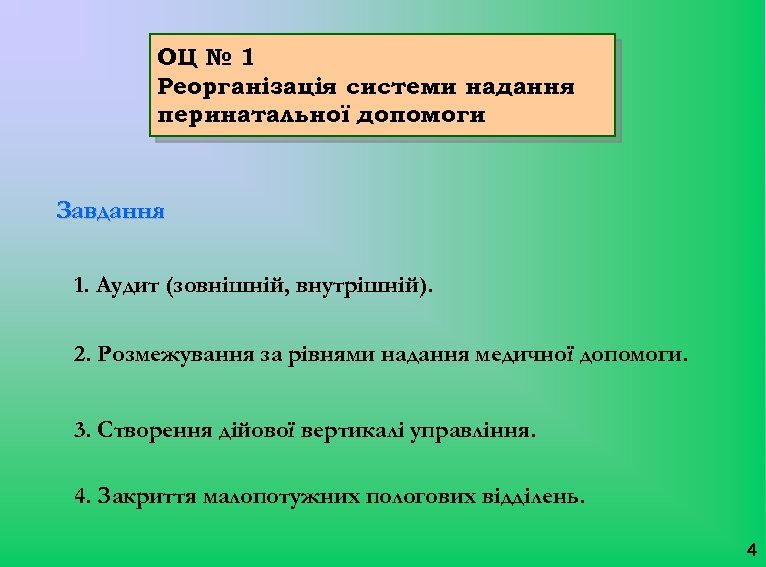 ОЦ № 1 Реорганізація системи надання перинатальної допомоги Завдання 1. Аудит (зовнішній, внутрішній). 2.