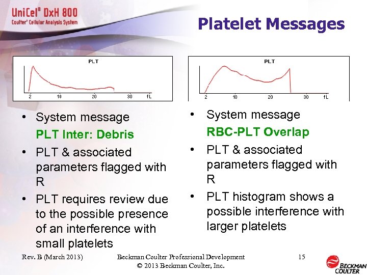 Platelet Messages • System message PLT Inter: Debris • PLT & associated parameters flagged