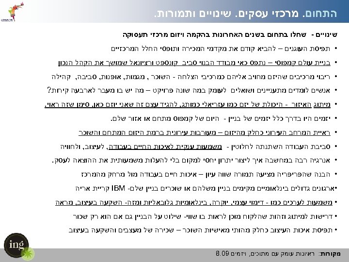  התחום. מרכזי עסקים. שינויים ותמורות. שינויים - שחלו בתחום בשנים האחרונות בהקמה ויזום
