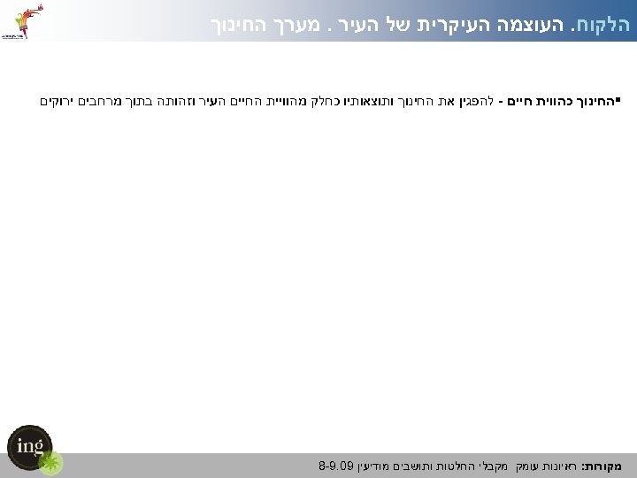  הלקוח. העוצמה העיקרית של העיר. מערך החינוך §החינוך כהווית חיים - להפגין את