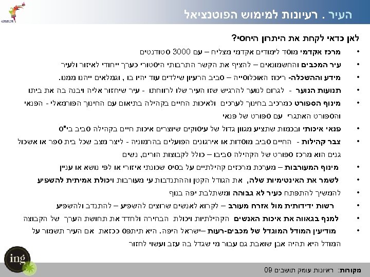  העיר. רעיונות למימוש הפוטנציאל לאן כדאי לקחת את היתרון היחסי? • מרכז אקדמי