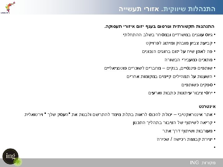  התנהלות שיווקית. אזורי תעשייה התנהגות תקשורתית ופרסום בענף יזום איזורי תעסוקה. • גיוס