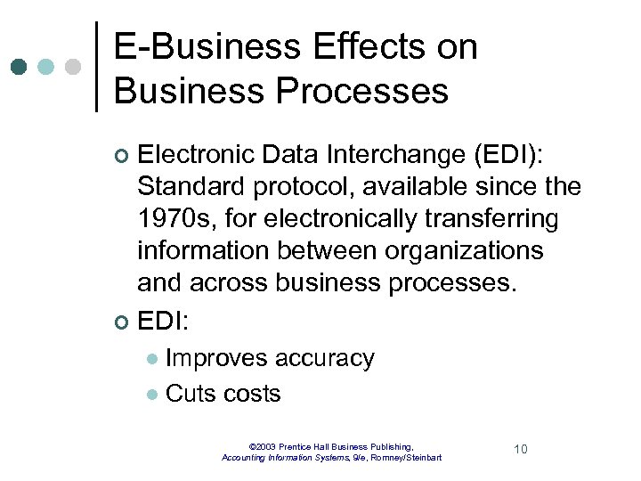 E-Business Effects on Business Processes Electronic Data Interchange (EDI): Standard protocol, available since the