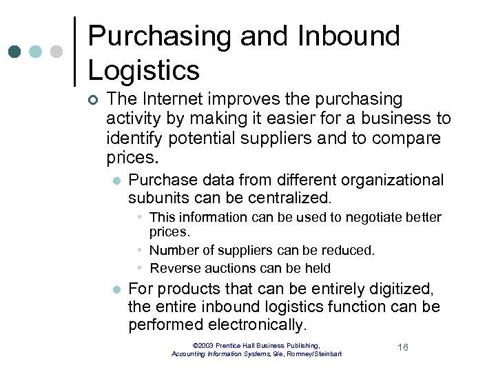 Purchasing and Inbound Logistics ¢ The Internet improves the purchasing activity by making it