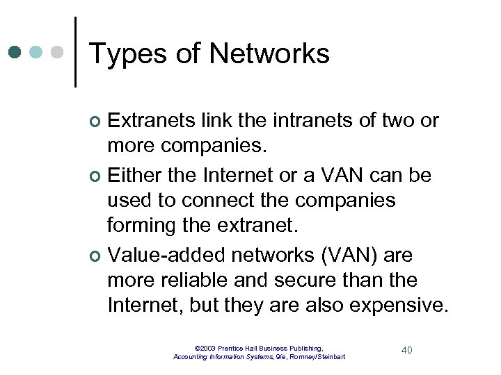 Types of Networks Extranets link the intranets of two or more companies. ¢ Either