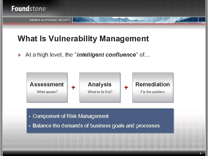 What Is Vulnerability Management » At a high level, the ”intelligent confluence” of… Assessment