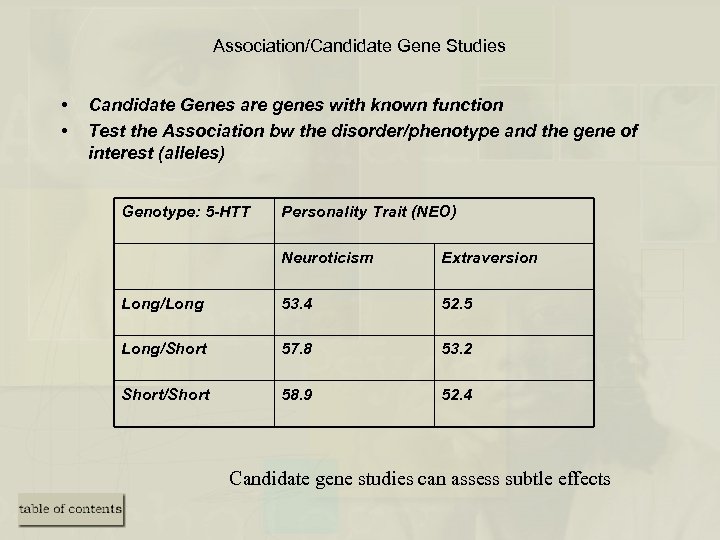 Association/Candidate Gene Studies • • Candidate Genes are genes with known function Test the