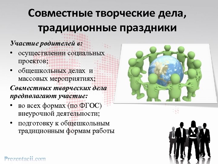 Совместные творческие дела, традиционные праздники Участие родителей в: • осуществлении социальных проектов; • общешкольных