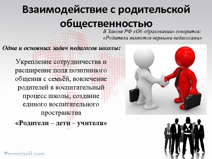 Взаимодействие с родительской общественностью В Законе РФ «Об образовании» говорится: «Родители являются первыми педагогами»