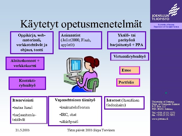 Käytetyt opetusmenetelmät Oppikirja, webmateriaali, verkkotehtävät ja ohjaus, tentti Animaatiot (Jeliot 2000, Flash, appletit) Yksilö-