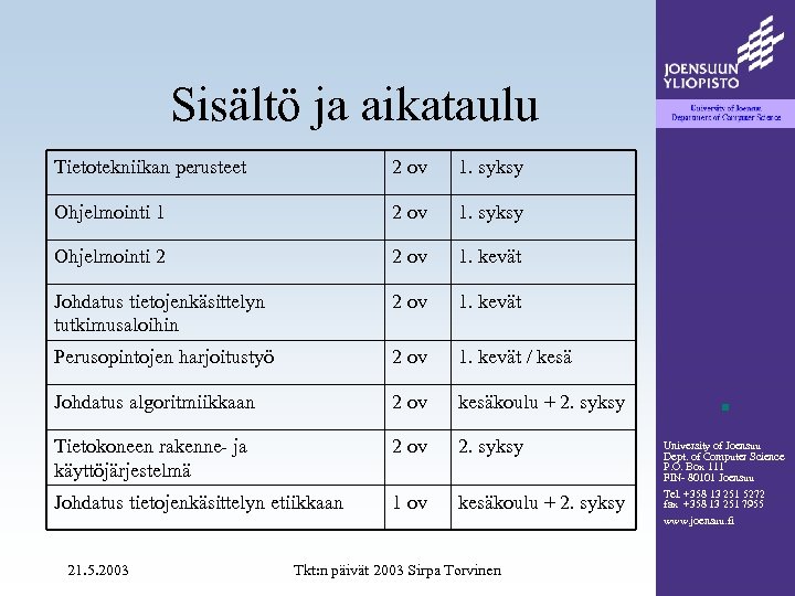 Sisältö ja aikataulu Tietotekniikan perusteet 2 ov 1. syksy Ohjelmointi 1 2 ov 1.