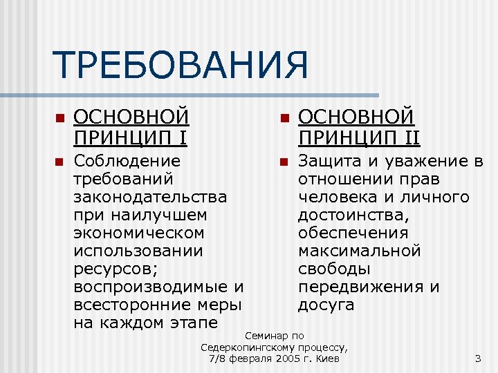 ТРЕБОВАНИЯ n ОСНОВНОЙ ПРИНЦИП II n Соблюдение требований законодательства при наилучшем экономическом использовании ресурсов;