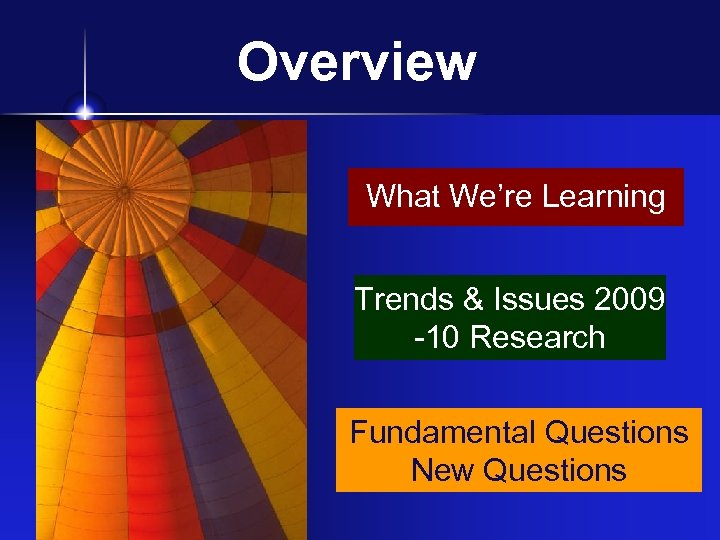 Overview What We’re Learning Trends & Issues 2009 -10 Research Fundamental Questions New Questions