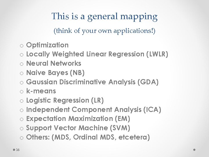 This is a general mapping (think of your own applications!) o o o 16