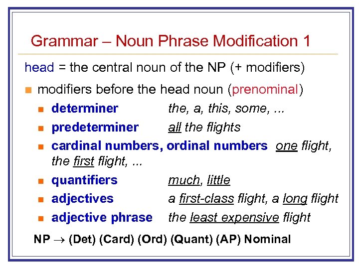 Grammar – Noun Phrase Modification 1 head = the central noun of the NP