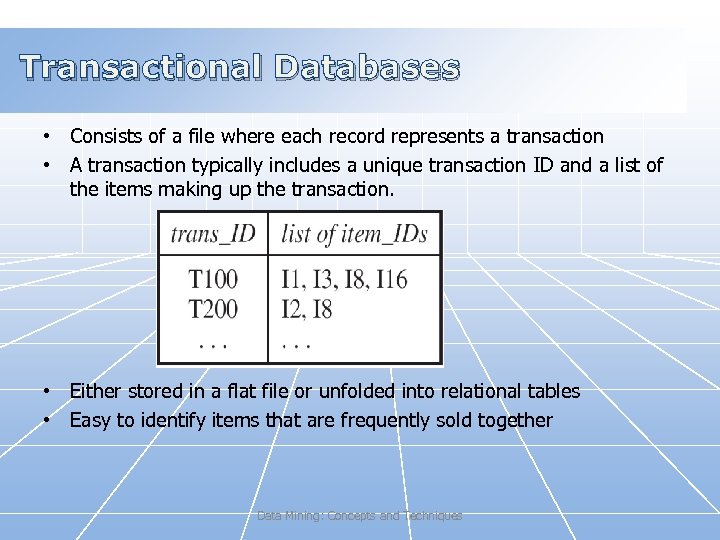 Transactional Databases • Consists of a file where each record represents a transaction •