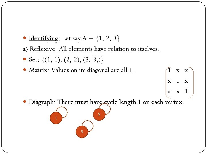  Identifying: Let say A = {1, 2, 3} a) Reflexive: All elements have