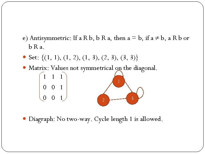 e) Antisymmetric: If a R b, b R a, then a = b, if