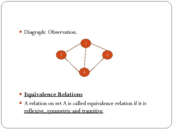  Diagraph: Observation. 1 2 3 4 Equivalence Relations A relation on set A