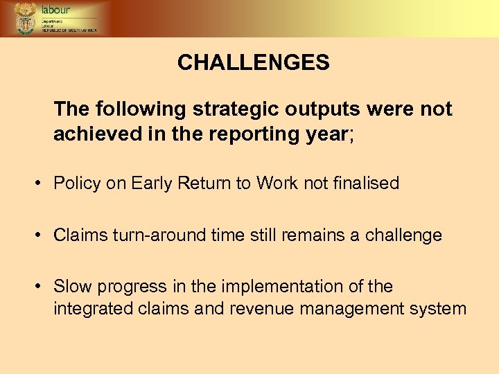 CHALLENGES The following strategic outputs were not achieved in the reporting year; • Policy