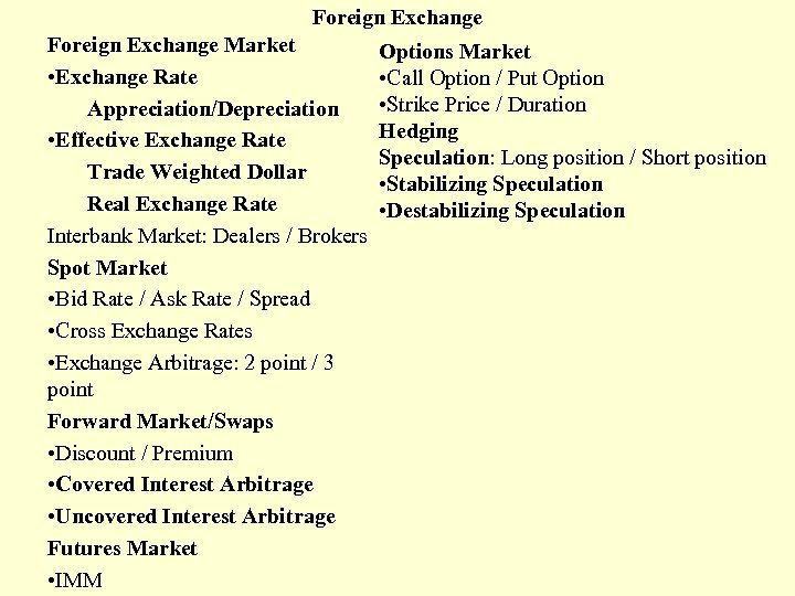 Foreign Exchange Market • Exchange Rate Appreciation/Depreciation • Effective Exchange Rate Trade Weighted Dollar